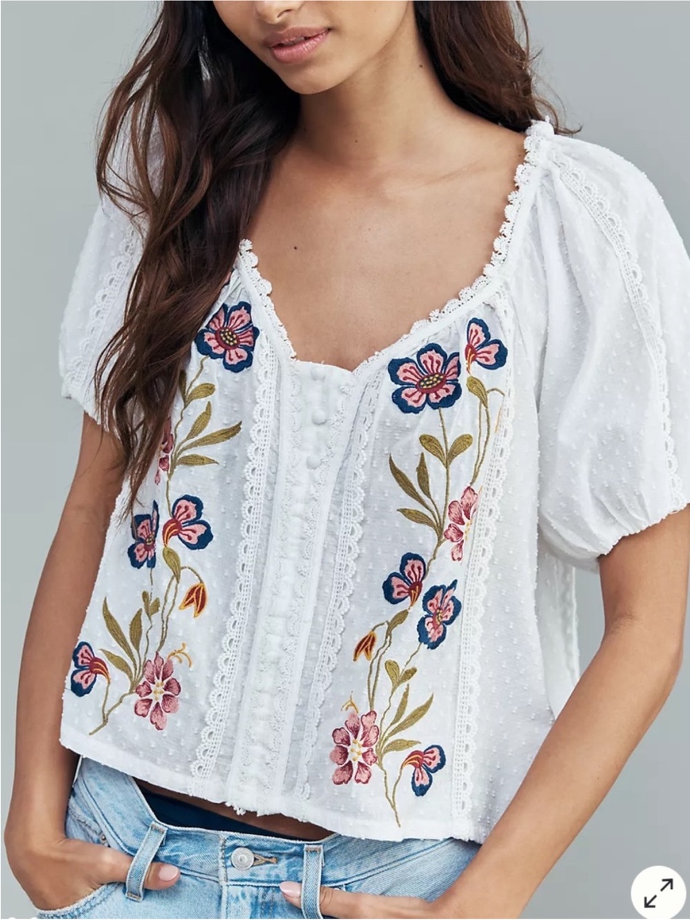 Anthropologie Cotton Embroidered Puff Sleeve top